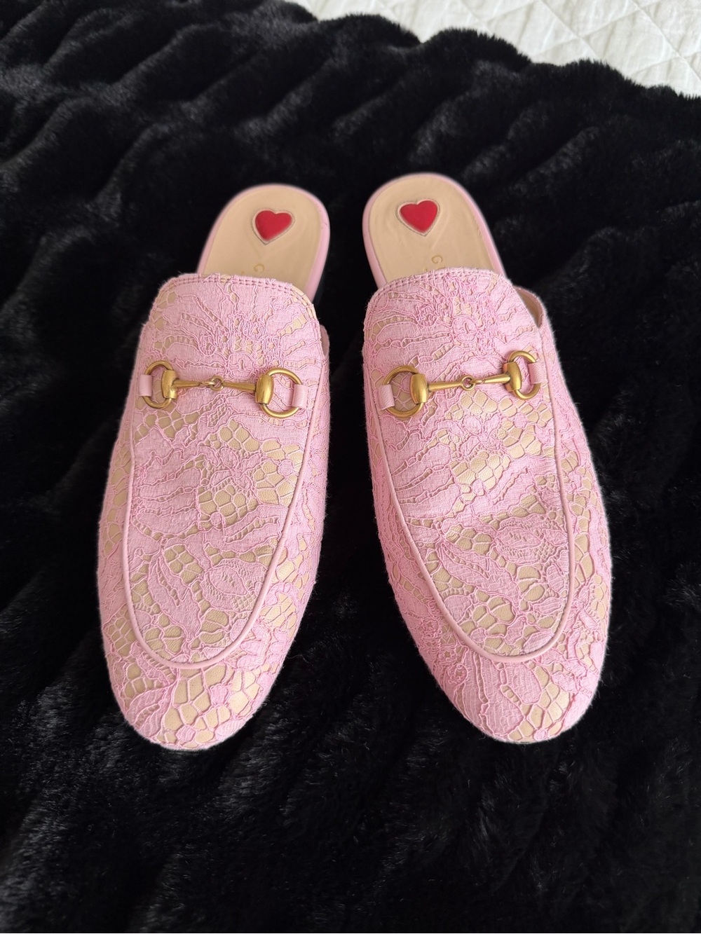 GUcci Pink Lace Slip-On Mules with Gold Horsebit